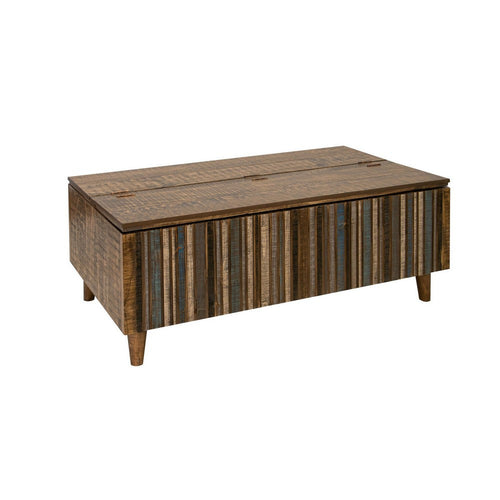 Texu 50 Inch Cocktail Table, Brown Blue Pine Wood, Hinged Top, Tapered Legs - BM311237