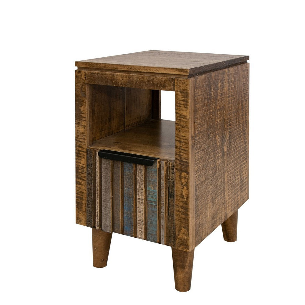 Texu 26 Inch Chairside Table, Pine Wood, 1 Drawer, Open Shelf, Brown, Blue - BM311238