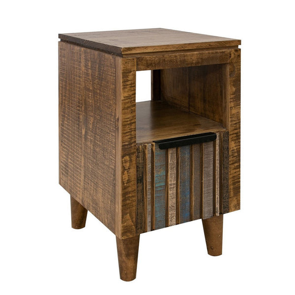 Texu 26 Inch Chairside Table, Pine Wood, 1 Drawer, Open Shelf, Brown, Blue - BM311238