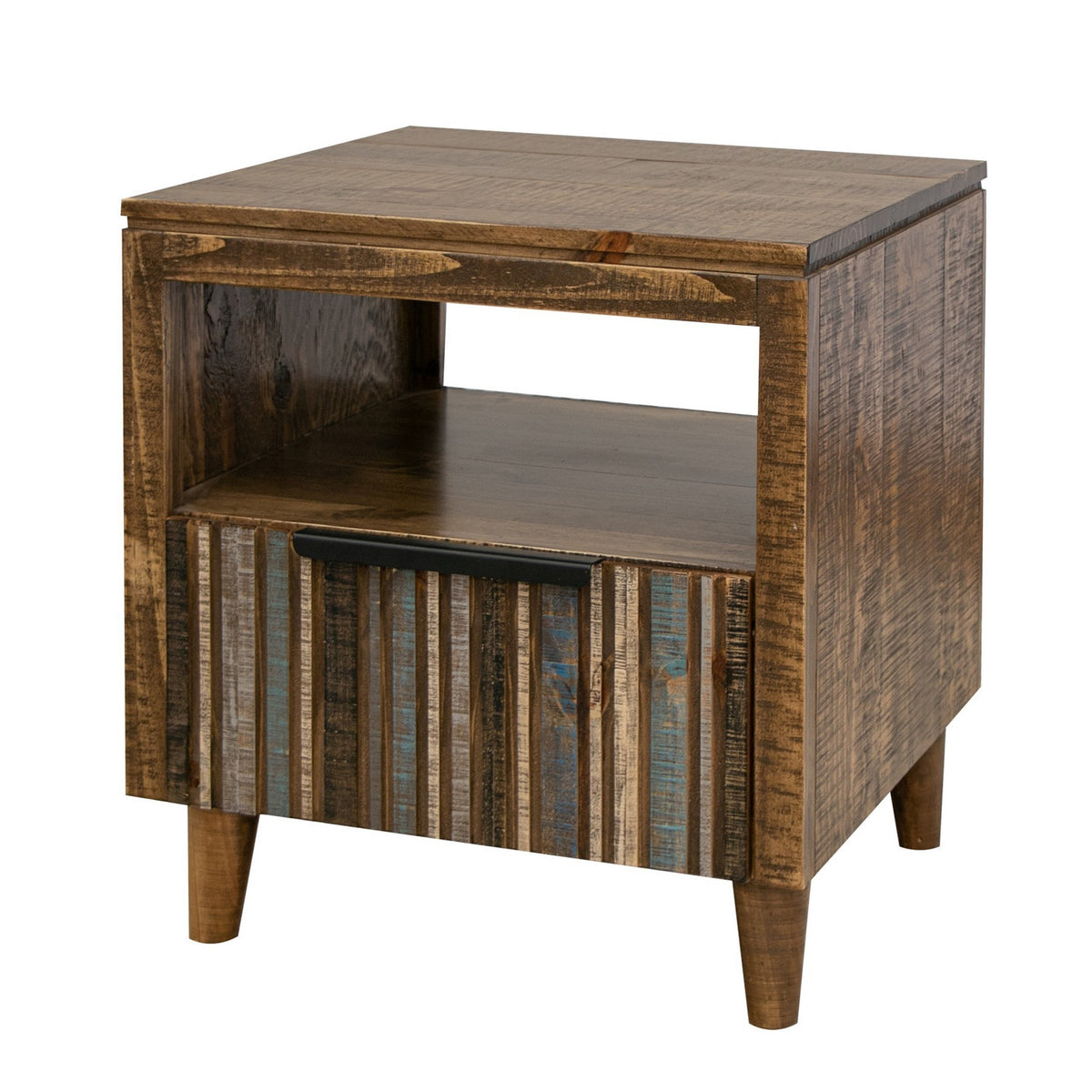 Texu 26 Inch Side End Table, Pine Wood, 1 Drawer, Open Shelf, Brown, Blue - BM311239