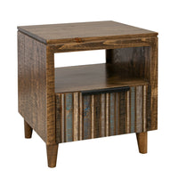 Texu 26 Inch Side End Table, Pine Wood, 1 Drawer, Open Shelf, Brown, Blue - BM311239