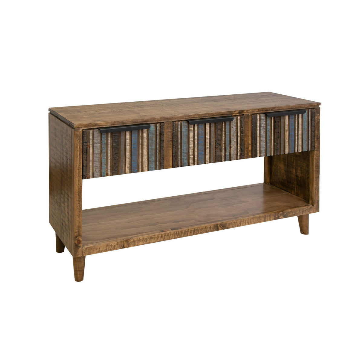 Texu 55 Inch Sofa Console Table, Pine Wood, 3 Drawers, 1 Shelf, Brown, Blue - BM311240