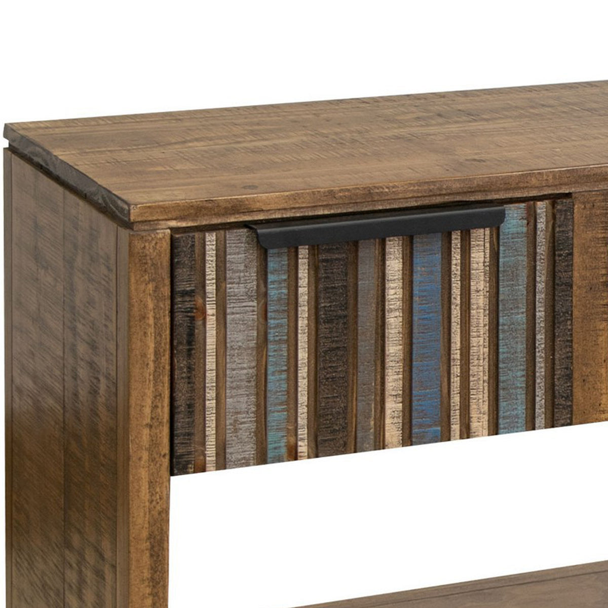 Texu 55 Inch Sofa Console Table, Pine Wood, 3 Drawers, 1 Shelf, Brown, Blue - BM311240