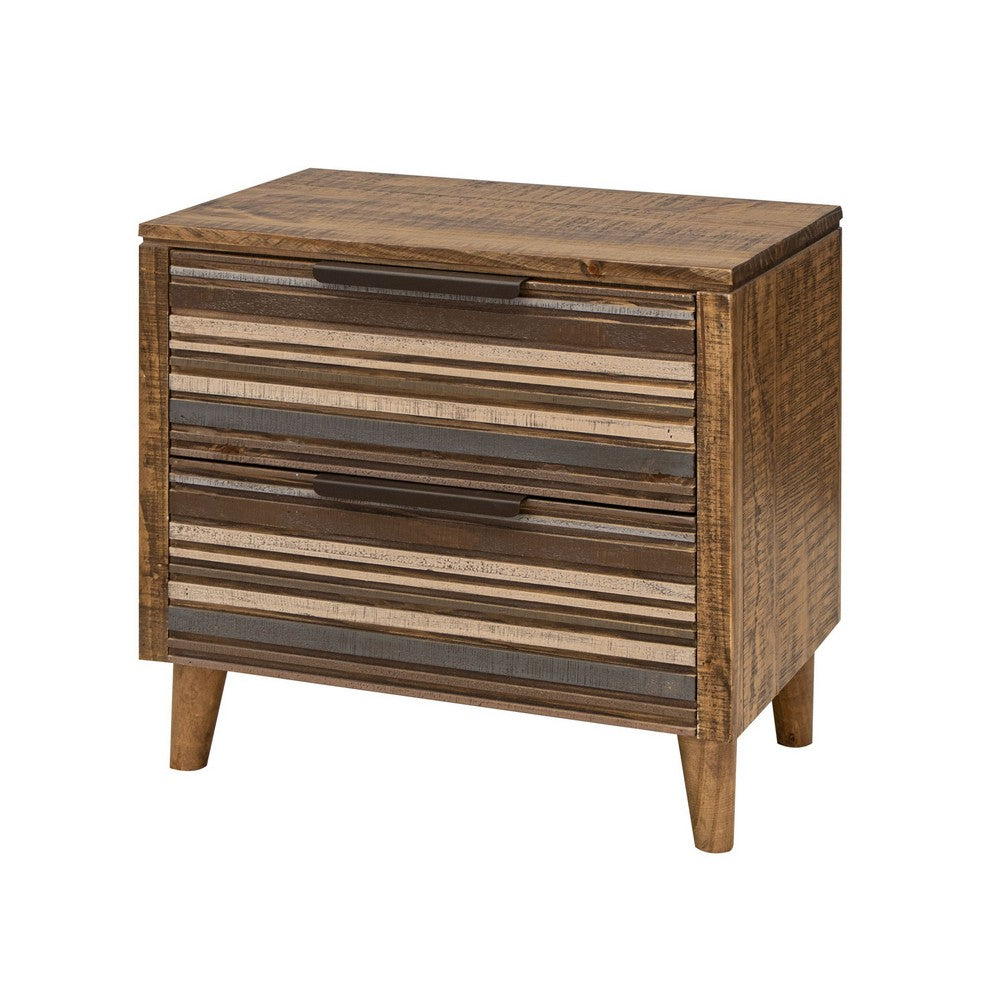 Texu 28 Inch Nightstand Table with 2 Drawers, Pine Wood, Brown, Blue - BM311244