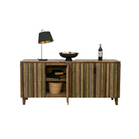 Texu 69 Inch Sideboard Console, Pine, 4 Doors, Pedant Handles, Brown, Green - BM311246