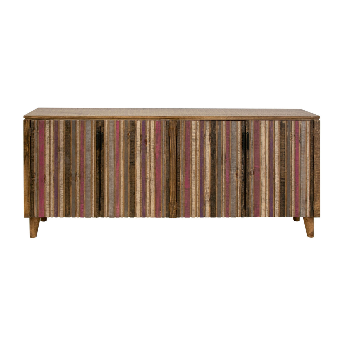 Texu 69 Inch Sideboard Console, Pine, 4 Doors, Pedant Handles, Brown, Pink - BM311247