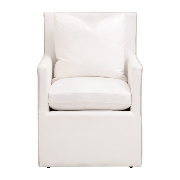28 Inch Dining Armchair with Caster Wheels, 1 Pillow, Piped Details, White - BM311364