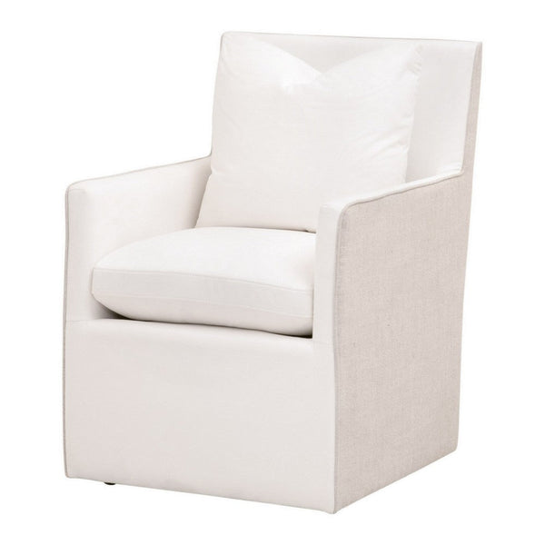 28 Inch Dining Armchair with Caster Wheels, 1 Pillow, Piped Details, White - BM311364