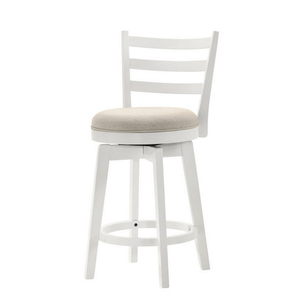 Fila 26 Inch Counter Height Swivel Stool Chair, Padded, Ladder Back, White - BM311412