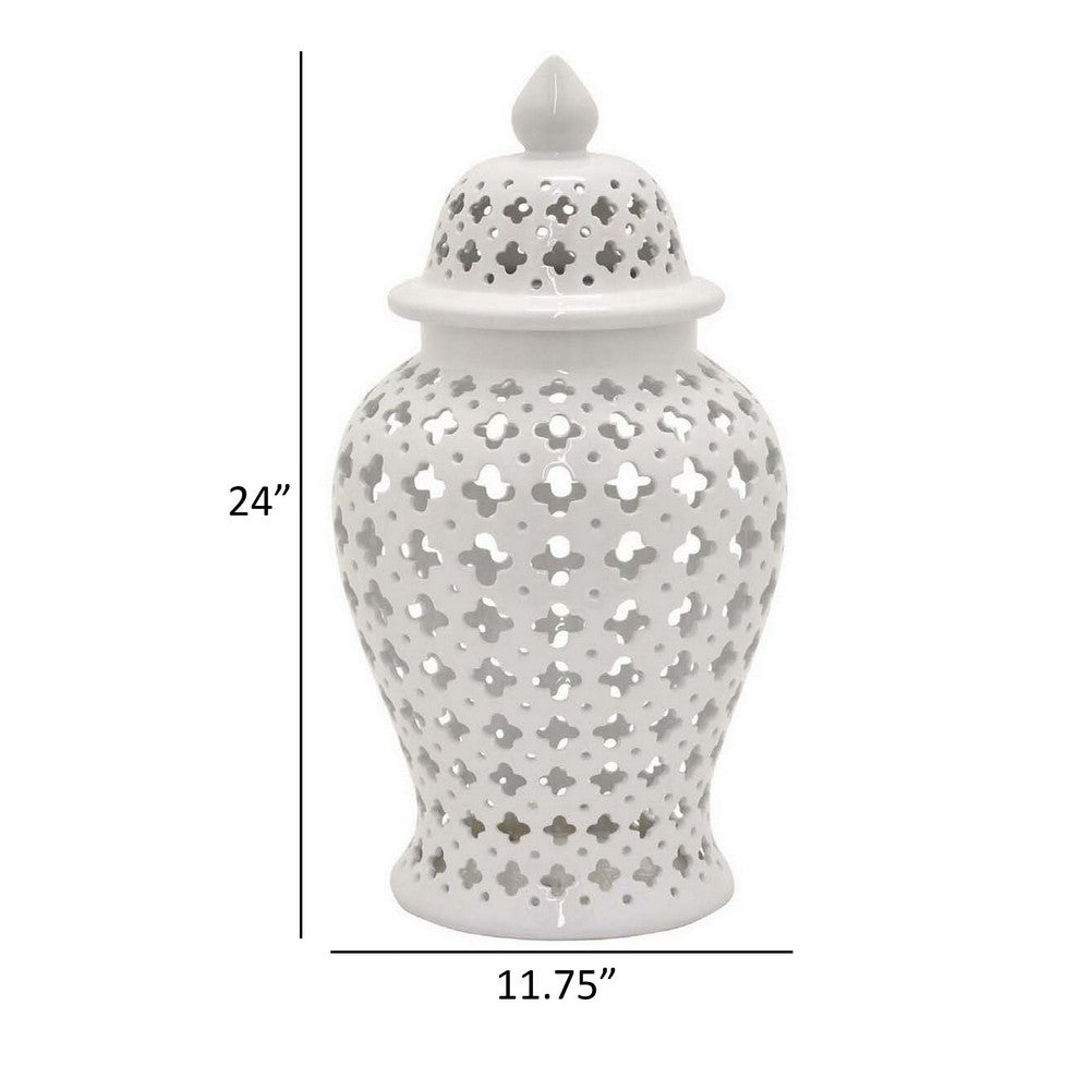 24 Inch Temple Ginger Jar, Ceramic White Carved Lattice Design with Lid - BM311431