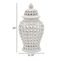 24 Inch Temple Ginger Jar, Ceramic White Carved Lattice Design with Lid - BM311431