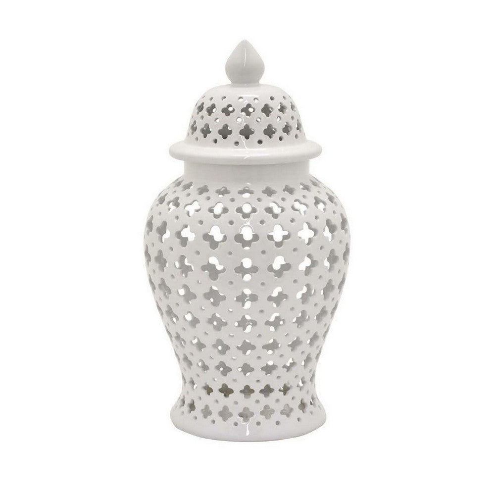 24 Inch Temple Ginger Jar, Ceramic White Carved Lattice Design with Lid - BM311431