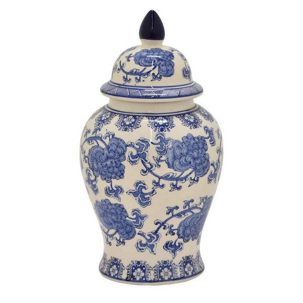 18 Inch Temple Ginger Jar, Ceramic White and Blue Floral Print with Lid - BM311432