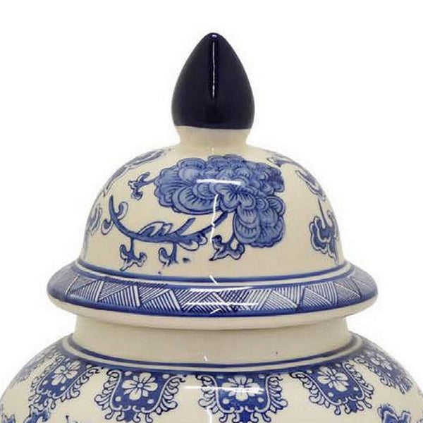 18 Inch Temple Ginger Jar, Ceramic White and Blue Floral Print with Lid - BM311432