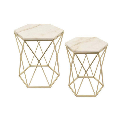 Plant Stand Table Set of 2, Hexagonal Top, Open Metal Frame, White, Gold - BM311437