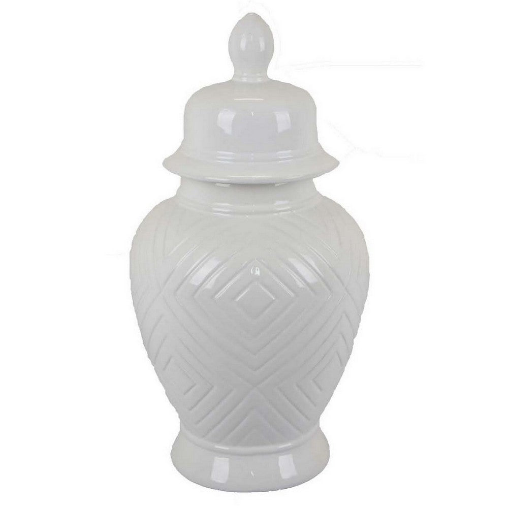 18 Inch Temple Ginger Jar with Dome Lid Geometric Design, Ceramic, White - BM311442