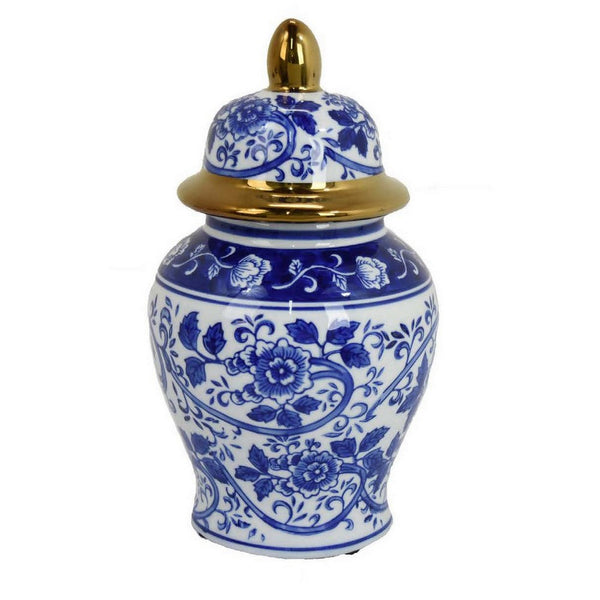 18 Inch Temple Ginger Jar, Ceramic, Multi Floral Design, White, Blue, Gold - BM311444