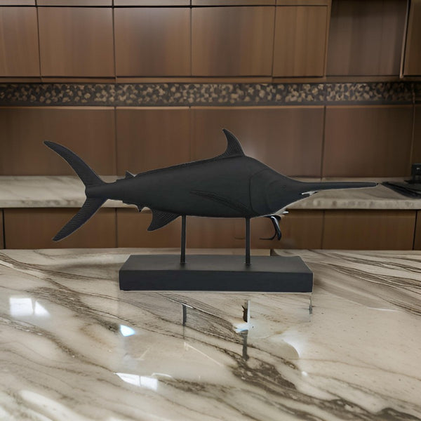 Owa Swordfish Sculpture, Resin Tabletop Decor on Stand, Classic Matte Black - BM311445