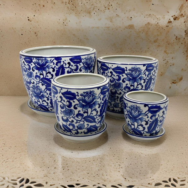 Planter With Saucer Set of 4, Vintage Blue Floral Print, White Ceramic  - BM311454