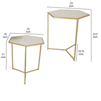 Plant Stand Table Set of 2, Metal Gold Frames, Hexagonal White Tabletops - BM311455