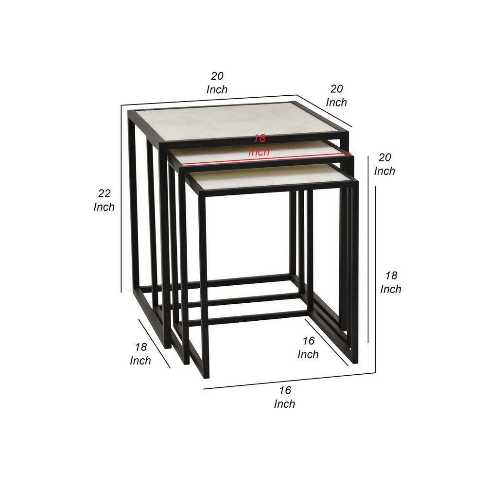 Plant Stand Table Set of 3, Nesting Open Black Metal Frame, White Top - BM311456