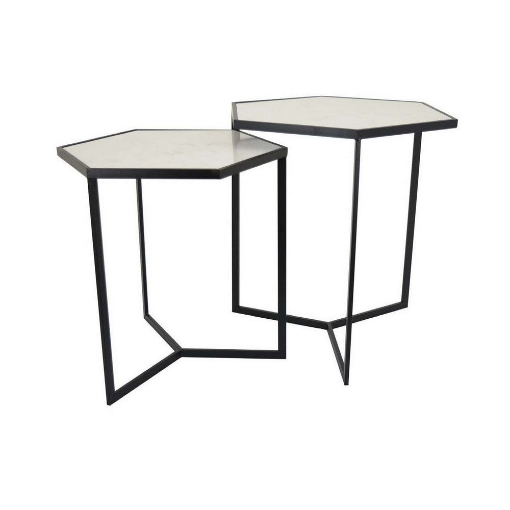 Plant Stand Table Set of 2, Black Metal Frame, Hexagonal White Tabletop - BM311457