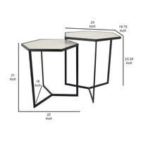 Plant Stand Table Set of 2, Black Metal Frame, Hexagonal White Tabletop - BM311457