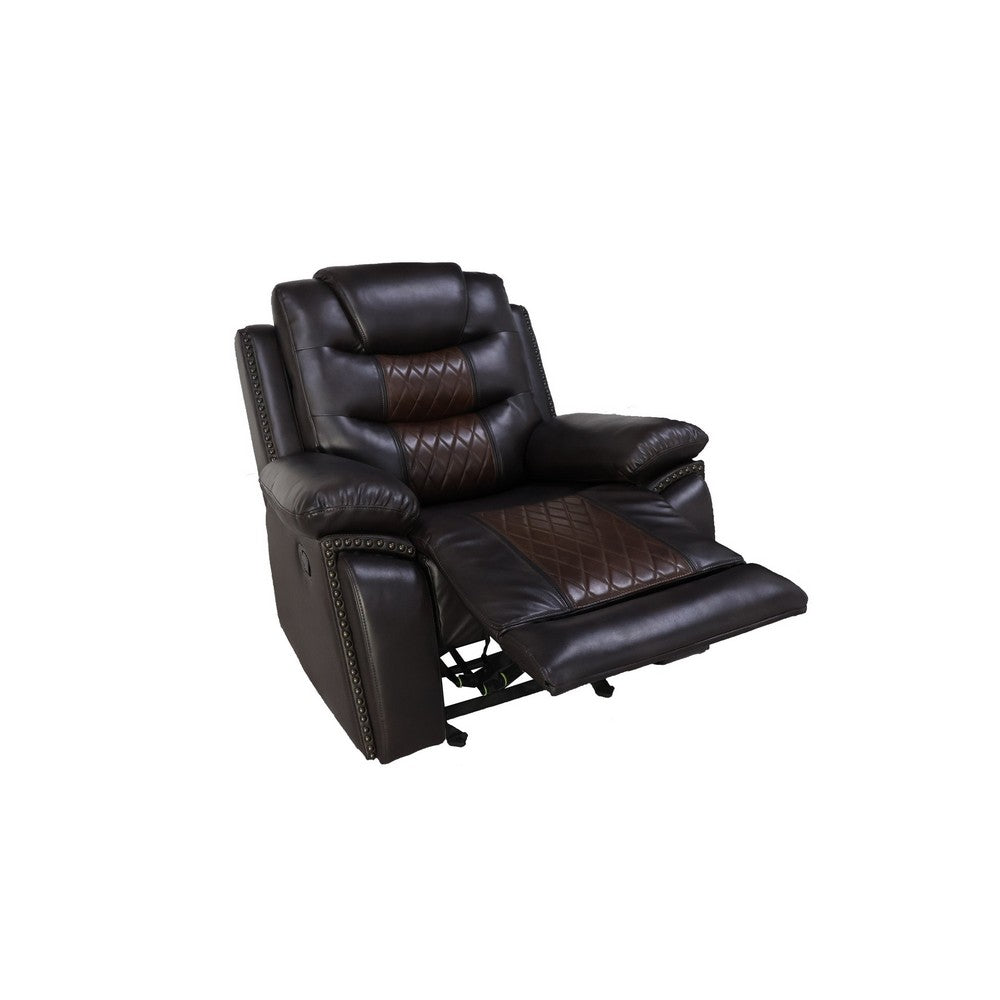 Asher 39 Inch Manual Recliner Chair, Wood, Pocket Coils, Brown Faux Leather - BM311481