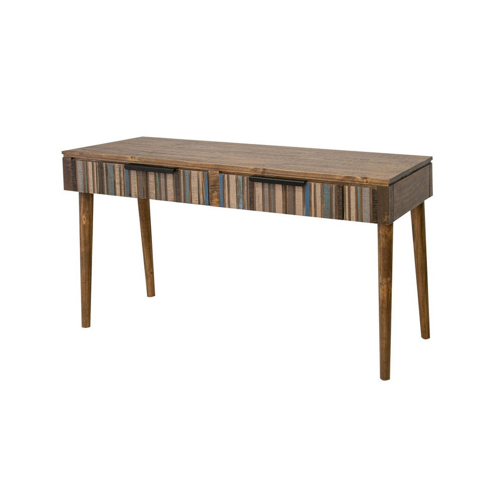 Texu 61 Inch Desk, Pine Wood, 2 Drawers, Slim Tapered Legs, Brown, Blue - BM311494