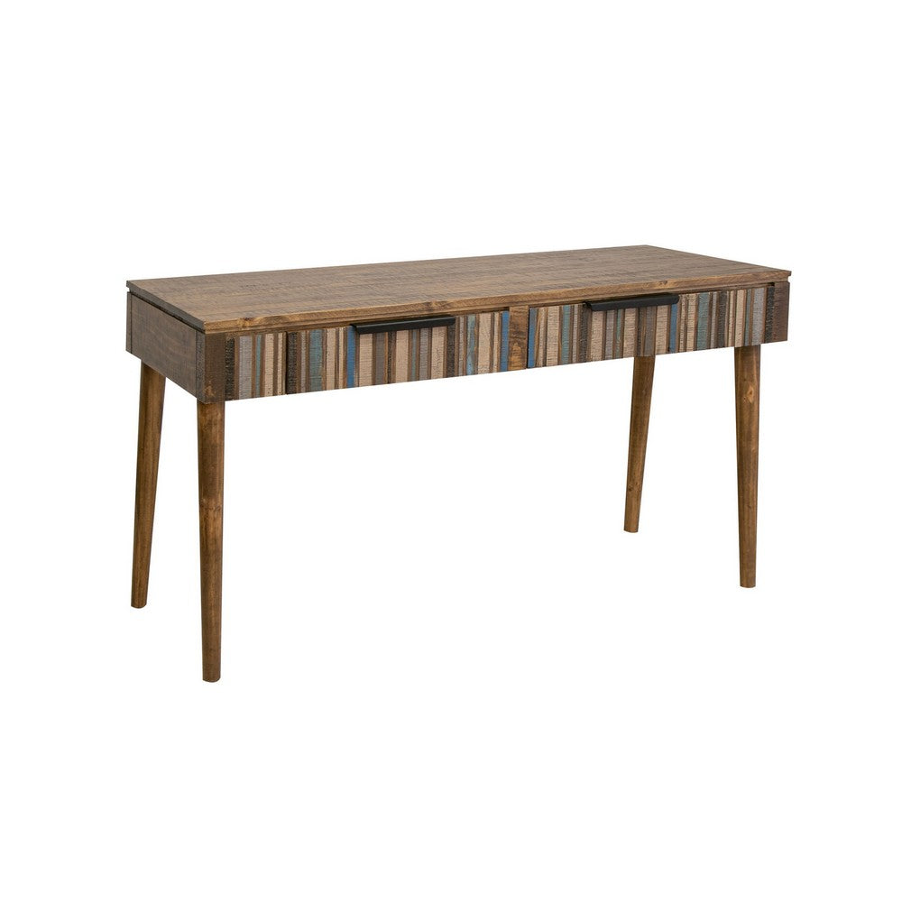 Texu 61 Inch Desk, Pine Wood, 2 Drawers, Slim Tapered Legs, Brown, Blue - BM311494