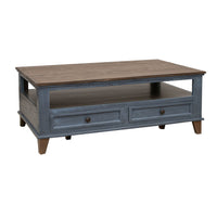 Rozy 50 Inch Coffee Table, Pine Wood, 4 Drawers, Open Shelf, Brown, Blue - BM311495