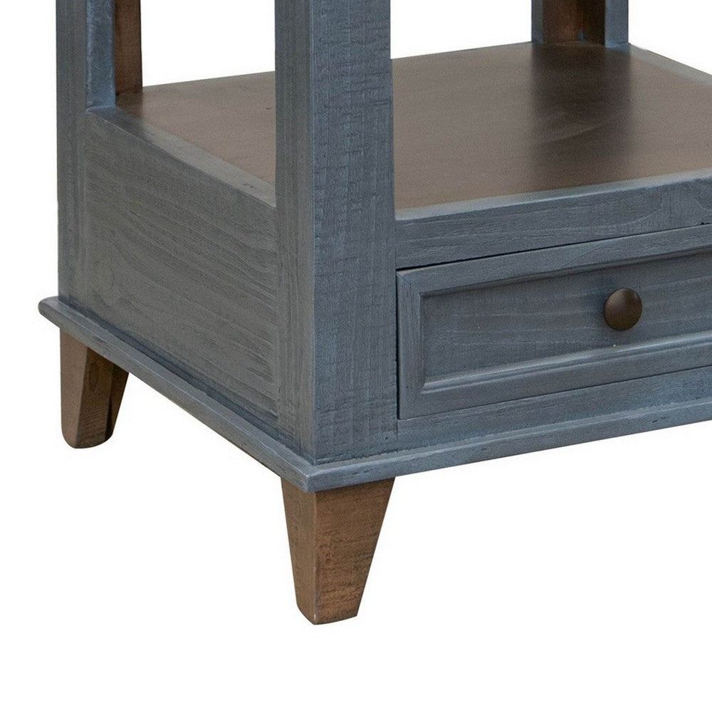 Rozy 26 Inch Side End Table, Pine Wood, 1 Drawer, Open Shelf, Brown, Blue - BM311497