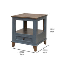 Rozy 26 Inch Side End Table, Pine Wood, 1 Drawer, Open Shelf, Brown, Blue - BM311497