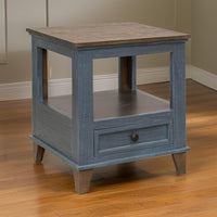 Rozy 26 Inch Side End Table, Pine Wood, 1 Drawer, Open Shelf, Brown, Blue - BM311497