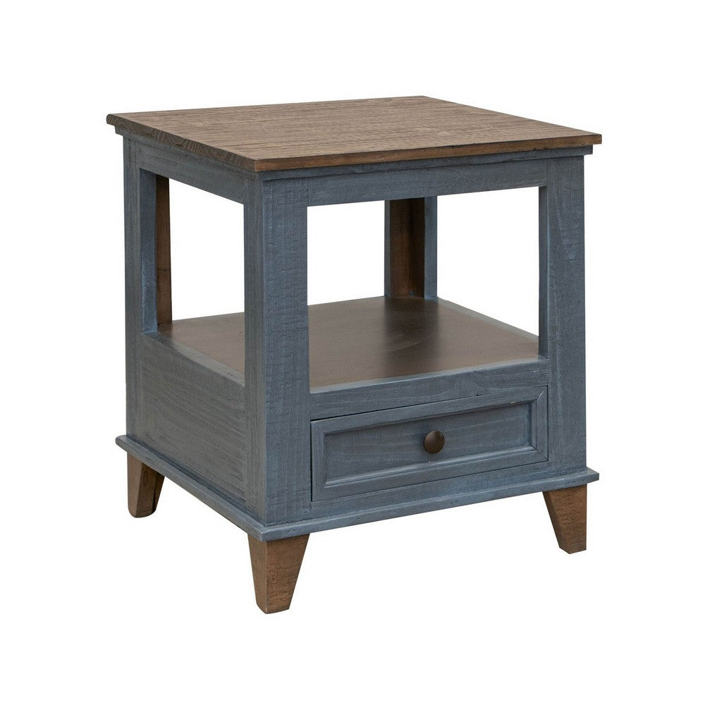 Rozy 26 Inch Side End Table, Pine Wood, 1 Drawer, Open Shelf, Brown, Blue - BM311497