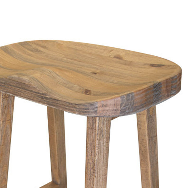 Asic 24 Inch Counter Height Stool, Pine Wood, Curved Seat, Natural Brown - BM311501