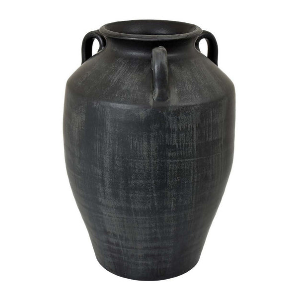 Risa 14 Inch Decorative Vase, Urn Shape, 3 Curved Handles, Antique Black - BM311511