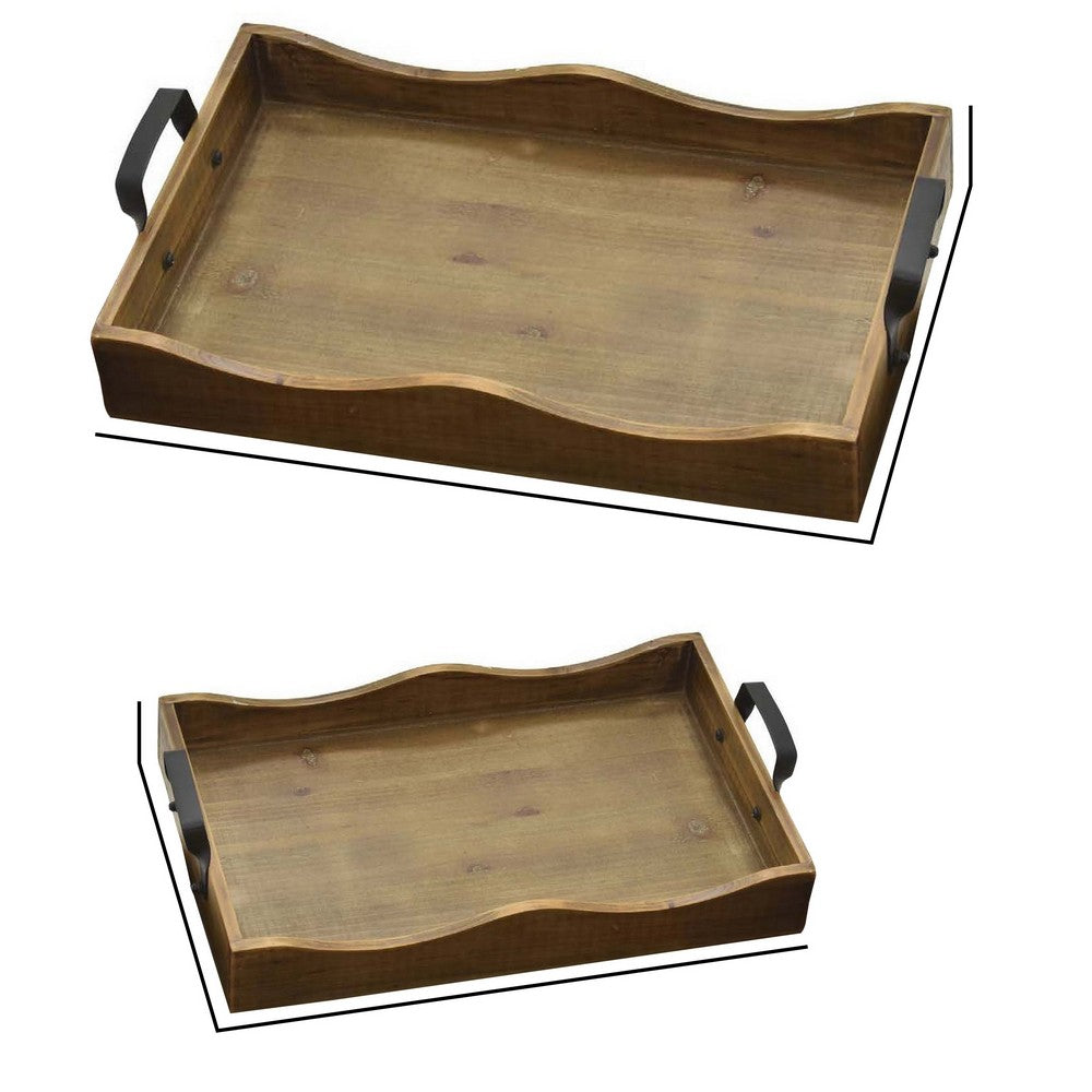 18 Inch Decorative Tray, Brown Wood Frame, Scalloped Edges, Set of 2, Black - BM311515