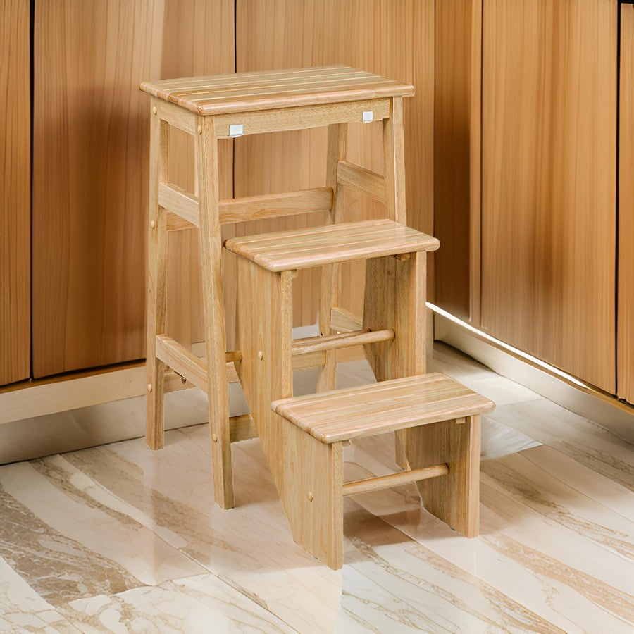 Nero 30 Inch Folding Step Stool, 3 Tier Design, Farmhouse, Natural Brown - BM311529