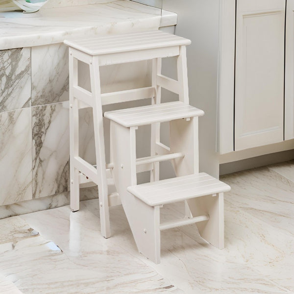 Nero 30 Inch Folding Step Stool, 3 Tier Design, Farmhouse, Cream Wood - BM311530