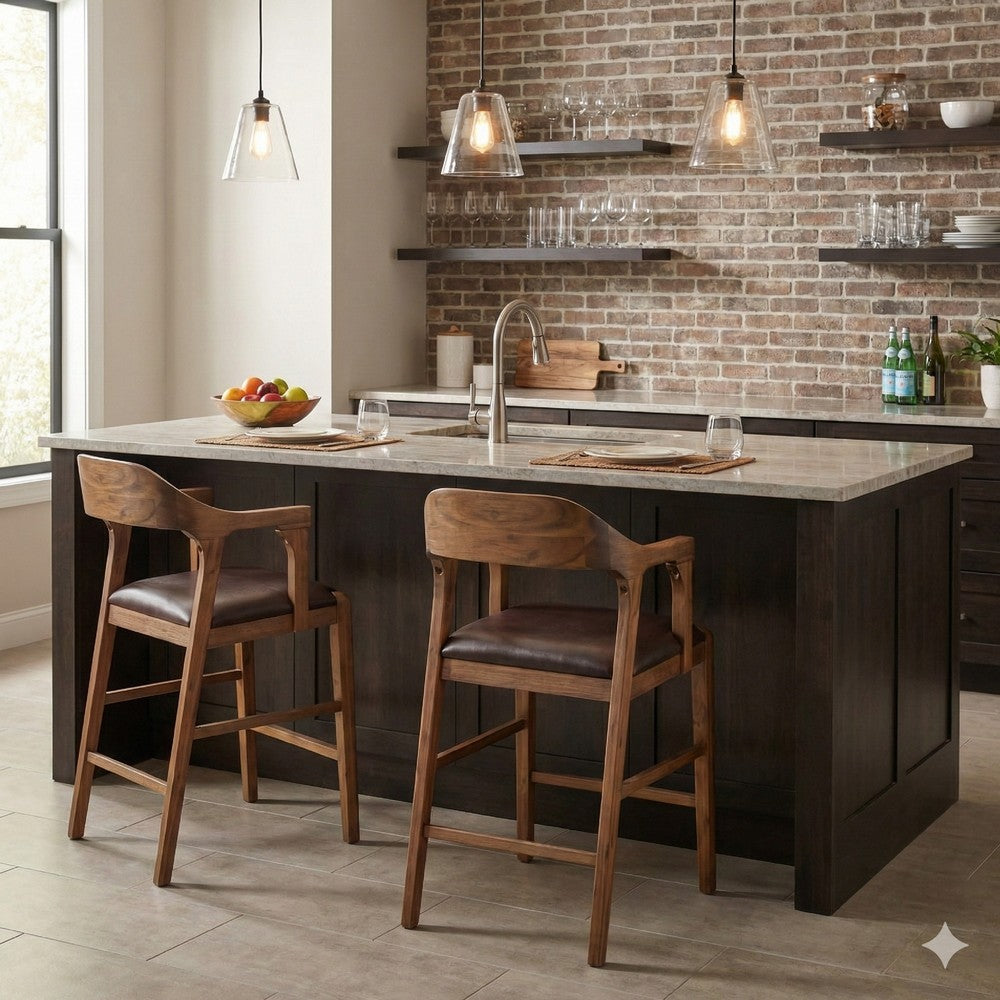 Rase 24 Inch Counter Stool Chair, Faux Leather, Open Back, Brown Wood - BM311533