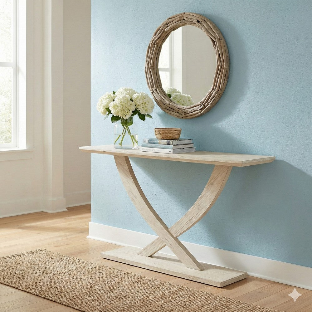 Rase 57 Inch Console Table, Cross Leg Design, Pedestal Base, Whitewash Wood - BM311535