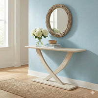 Rase 57 Inch Console Table, Cross Leg Design, Pedestal Base, Whitewash Wood - BM311535