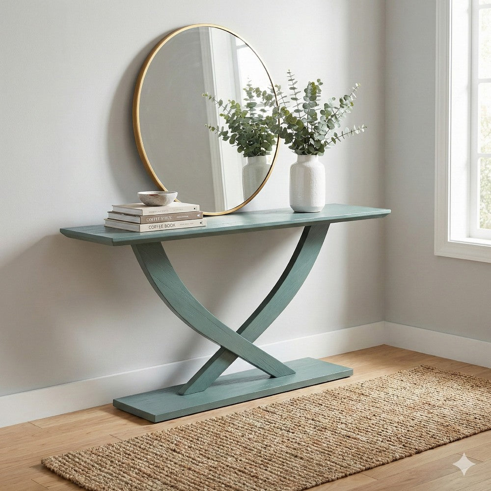 Rase 57 Inch Console Table, Cross Leg Design, Pedestal Base, Gray Green - BM311536