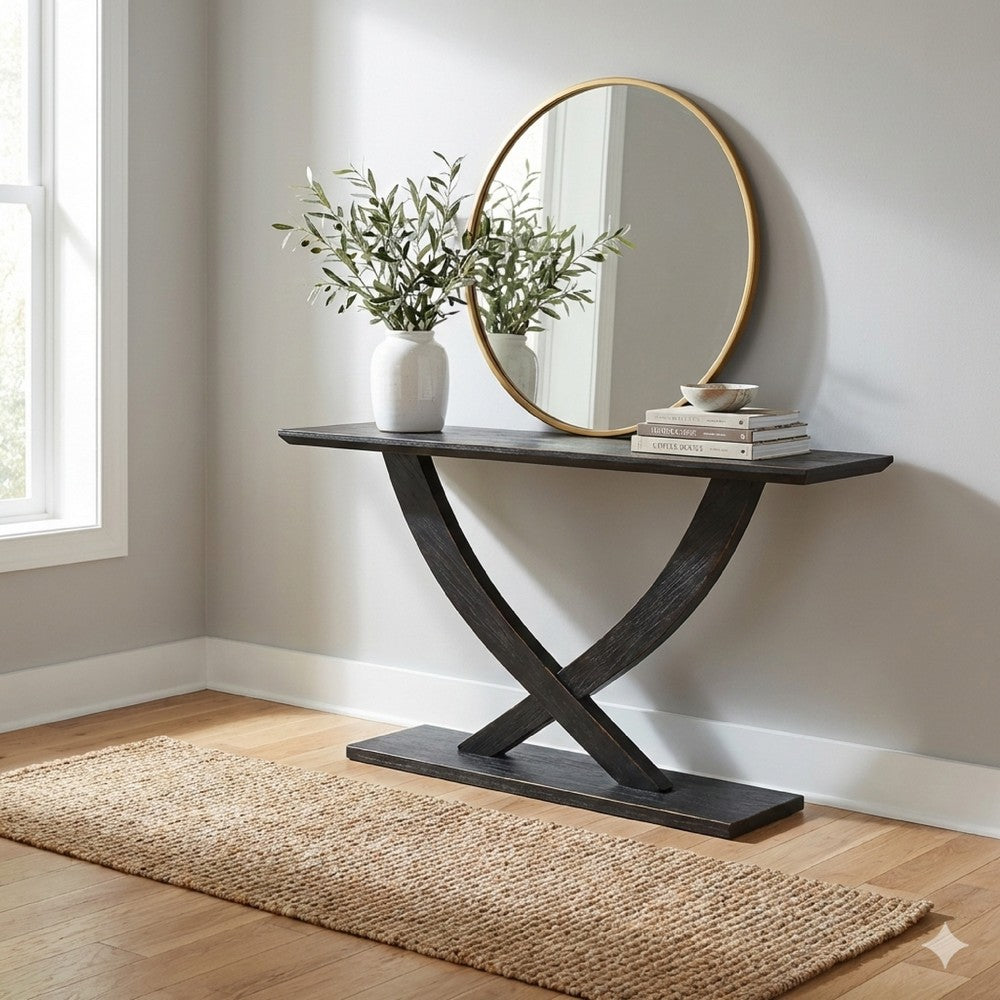 Rase 57 Inch Console Table, Cross Leg Design, Pedestal Base, Black Wood - BM311537
