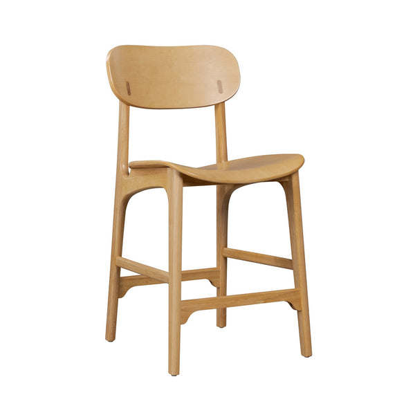 Seln 24 Inch Counter Stool Chair, Curved Seat, Open Back, Light Brown Wood - BM311545