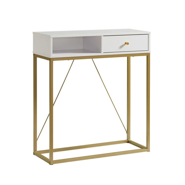 Bery 34 Inch Sideboard Console Table, 1 Cubby Shelf, 1 Drawer, White, Gold - BM311558