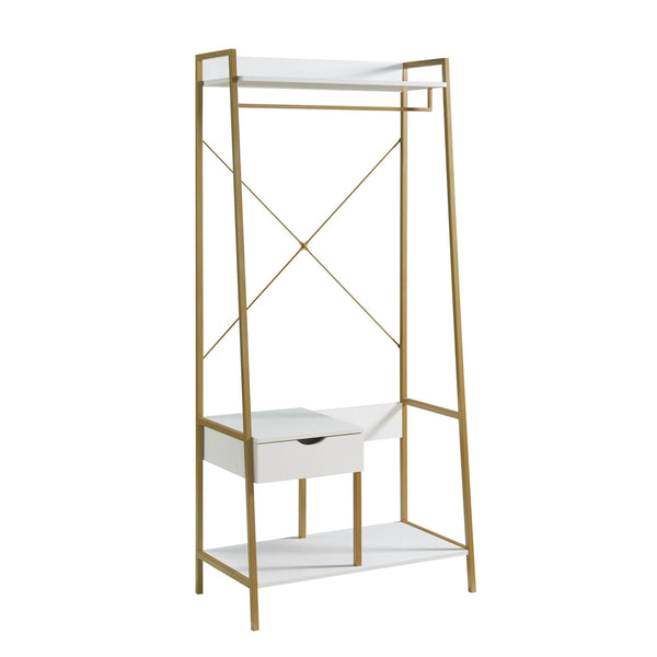 Bery 71 Inch Clothing Rack, 1 Drawer, 1 Hanging Rod Open Shelf, White, Gold - BM311564