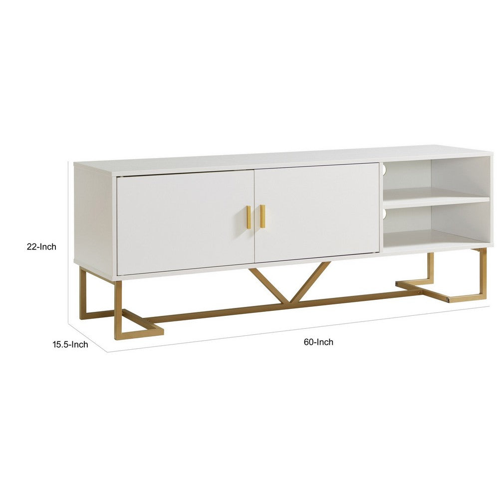 Bery 60 Inch TV Media Entertainment Console, 2 Door Cabinet, White, Gold - BM311567