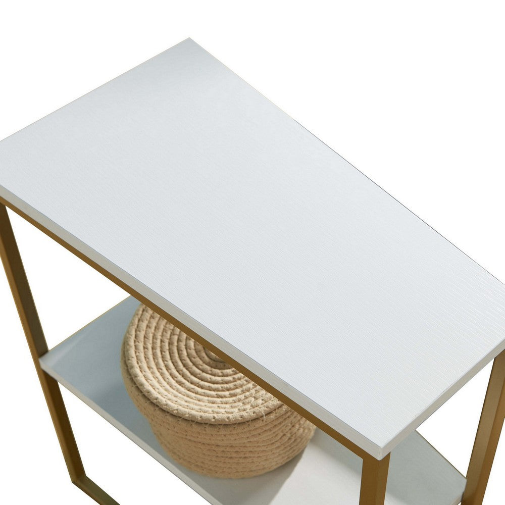 Bery 24 Inch Chairside Table, 2 Shelves, Gold Metal Frame, White Finish - BM311573
